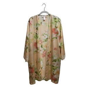 OSCAR DE LA RENTA Robe S PINK LABEL Satin Lace Wrap Tie 3/4 Sleeve Peach NO Belt